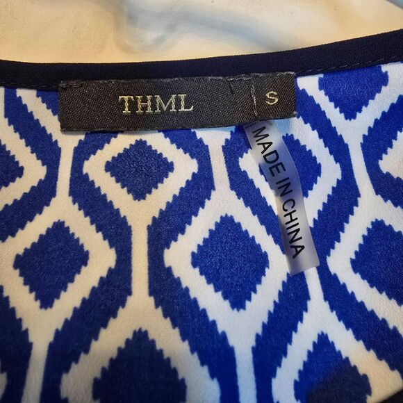 THML‎ Blouse Womens Size Small Orange Blue Geometric Sleeveless Vneck Bold Print - Picture 2 of 7